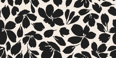 Çiçeksiz arka plan. Minimalist soyut çiçek deseni. Siyah beyaz arka planda modern baskı. Tekstil tasarımı, duvar kağıdı, kapaklar, kartlar, davetiyeler ve posterler için ideal.
