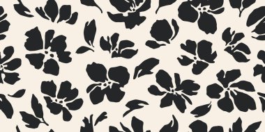 Çiçeksiz arka plan. Minimalist soyut çiçek deseni. Siyah beyaz arka planda modern baskı. Tekstil tasarımı, duvar kağıdı, kapaklar, kartlar, davetiyeler ve posterler için ideal.