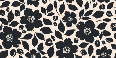 Çiçeksiz arka plan. Minimalist soyut çiçek deseni. Siyah beyaz arka planda modern baskı. Tekstil tasarımı, duvar kağıdı, kapaklar, kartlar, davetiyeler ve posterler için ideal.