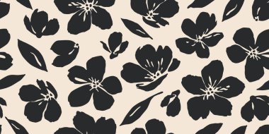 Çiçeksiz arka plan. Minimalist soyut çiçek deseni. Siyah beyaz arka planda modern baskı. Tekstil tasarımı, duvar kağıdı, kapaklar, kartlar, davetiyeler ve posterler için ideal.