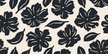 Çiçeksiz arka plan. Minimalist soyut çiçek deseni. Siyah beyaz arka planda modern baskı. Tekstil tasarımı, duvar kağıdı, kapaklar, kartlar, davetiyeler ve posterler için ideal.