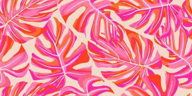 Canavar yaprakları pürüzsüz desen, el çizimi tropikal zemin, yaz hawai tropik tarzı, tekstil, kumaş, duvar kağıdı, duvar sanatı, ambalaj, poster, kapak, afiş, kart, fon ve ev dekoru için doğal süsler. Vektör illüstrasyonları. 