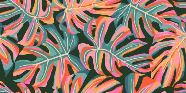 Monstera leaves seamless pattern, hand drawn tropical background, summer hawaiian tropic style, natural ornaments for textile, fabric, wallpaper, wall art, packgaging, poster, cover, banner, card, backdrop and home decor. Vector illustrations.  clipart