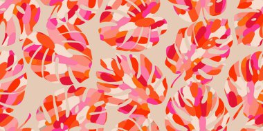 Canavar yaprakları pürüzsüz desen, el çizimi tropikal zemin, yaz hawai tropik tarzı, tekstil, kumaş, duvar kağıdı, duvar sanatı, ambalaj, poster, kapak, afiş, kart, fon ve ev dekoru için doğal süsler. Vektör illüstrasyonları. 