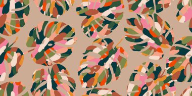 Canavar yaprakları pürüzsüz desen, el çizimi tropikal zemin, yaz hawai tropik tarzı, tekstil, kumaş, duvar kağıdı, duvar sanatı, ambalaj, poster, kapak, afiş, kart, fon ve ev dekoru için doğal süsler. Vektör illüstrasyonları. 