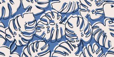 Canavar yaprakları pürüzsüz desen, el çizimi tropikal zemin, yaz hawai tropik tarzı, tekstil, kumaş, duvar kağıdı, duvar sanatı, ambalaj, poster, kapak, afiş, kart, fon ve ev dekoru için doğal süsler. Vektör illüstrasyonları. 