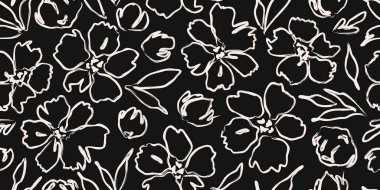 Soyut el çizimleri çiçek desenleri. Çiçeksiz arka plan. Siyah beyaz modern baskı. Eskiz tarzında fırça hattı. Grunge dokusu. Tekstil, kumaş baskı, duvar kağıdı, dekorasyon, kartlar ve posterler için ideal. vektör çizimleri.