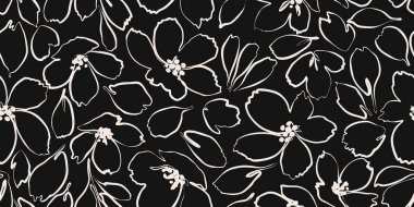Soyut el çizimleri çiçek desenleri. Çiçeksiz arka plan. Siyah beyaz modern baskı. Eskiz tarzında fırça hattı. Grunge dokusu. Tekstil, kumaş baskı, duvar kağıdı, dekorasyon, kartlar ve posterler için ideal. vektör çizimleri.