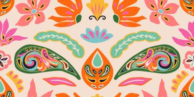 Modern el desensiz desensiz desen. Eski tarz soyut renkli etnik köken. Baskı, tekstil, arkaplan, ambalaj, poster, kapak, afiş, element, duvar sanatı, ev dekorasyonu için modaya uygun bir vektör. Vektör illüstrasyonu.