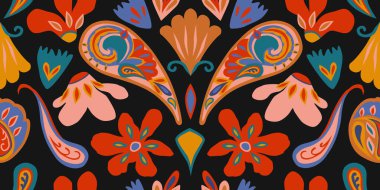 Modern el desensiz desensiz desen. Eski tarz soyut renkli etnik köken. Baskı, tekstil, arkaplan, ambalaj, poster, kapak, afiş, element, duvar sanatı, ev dekorasyonu için modaya uygun bir vektör. Vektör illüstrasyonu.