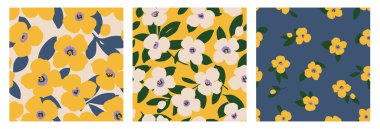 Çiçeksiz desenler dizisi. Modaya uygun bir el, çiçekli arka plan. Tekstil, kumaş, kağıt, poz, kapak, pankart, ambalaj ve duvar sanatı için modern düz tasarım. Bahar ve yaz için oldukça renkli bir botanik. Vektör illüstrasyonu.