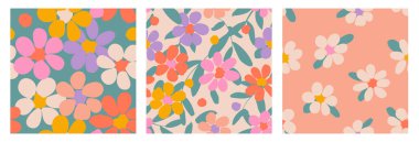 Çiçeksiz desenler dizisi. Modaya uygun bir el, çiçekli arka plan. Tekstil, kumaş, kağıt, poz, kapak, pankart, ambalaj ve duvar sanatı için modern düz tasarım. Bahar ve yaz için oldukça renkli bir botanik. Vektör illüstrasyonu.