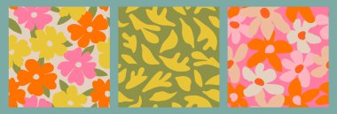 Çiçeksiz desenler dizisi. Modaya uygun bir el, çiçekli arka plan. Tekstil, kumaş, kağıt, poz, kapak, pankart, ambalaj ve duvar sanatı için modern düz tasarım. Bahar ve yaz için oldukça renkli bir botanik. Vektör illüstrasyonu.