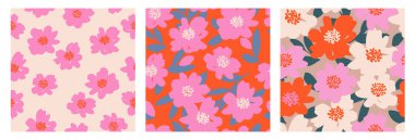 Çiçeksiz desenler dizisi. Modaya uygun bir el, çiçekli arka plan. Tekstil, kumaş, kağıt, poz, kapak, pankart, ambalaj ve duvar sanatı için modern düz tasarım. Bahar ve yaz için oldukça renkli bir botanik. Vektör illüstrasyonu.