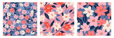 Çiçeksiz desenler dizisi. Modaya uygun bir el, çiçekli arka plan. Tekstil, kumaş, kağıt, poz, kapak, pankart, ambalaj ve duvar sanatı için modern düz tasarım. Bahar ve yaz için oldukça renkli bir botanik. Vektör illüstrasyonu.