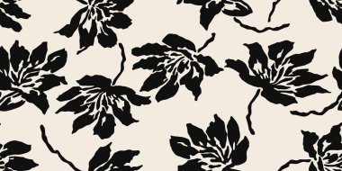 Minimalist soyut çiçek deseni. Çiçeksiz arka plan şekilleri. Siyah ve beyaz renkli modern baskı. Tekstil tasarımı, duvar kağıdı, kapaklar, poster, ambalaj, kartlar, afişler, arka plan, davetiyeler ve posterler için idealdir. Vektör illüstrasyonları.