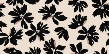 Minimalist soyut çiçek deseni. Çiçeksiz arka plan şekilleri. Siyah ve beyaz renkli modern baskı. Tekstil tasarımı, duvar kağıdı, kapaklar, poster, ambalaj, kartlar, afişler, arka plan, davetiyeler ve posterler için idealdir. Vektör illüstrasyonları.