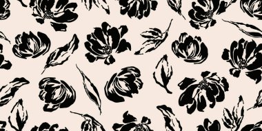 Minimalist soyut çiçek deseni. Çiçeksiz arka plan şekilleri. Siyah ve beyaz renkli modern baskı. Tekstil tasarımı, duvar kağıdı, kapaklar, poster, ambalaj, kartlar, afişler, arka plan, davetiyeler ve posterler için idealdir. Vektör illüstrasyonları.