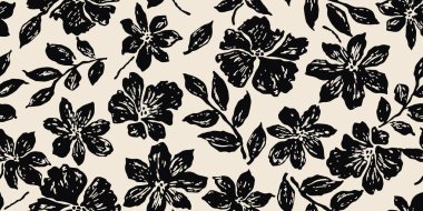 Minimalist soyut çiçek deseni. Çiçeksiz arka plan şekilleri. Siyah ve beyaz renkli modern baskı. Tekstil tasarımı, duvar kağıdı, kapaklar, poster, ambalaj, kartlar, afişler, arka plan, davetiyeler ve posterler için idealdir. Vektör illüstrasyonları.