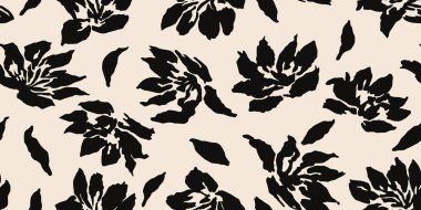 Minimalist soyut çiçek deseni. Çiçeksiz arka plan şekilleri. Siyah ve beyaz renkli modern baskı. Tekstil tasarımı, duvar kağıdı, kapaklar, poster, ambalaj, kartlar, afişler, arka plan, davetiyeler ve posterler için idealdir. Vektör illüstrasyonları.