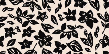 Minimalist soyut çiçek deseni. Çiçeksiz arka plan şekilleri. Siyah ve beyaz renkli modern baskı. Tekstil tasarımı, duvar kağıdı, kapaklar, poster, ambalaj, kartlar, afişler, arka plan, davetiyeler ve posterler için idealdir. Vektör illüstrasyonları.