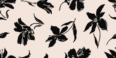 Minimalist soyut çiçek deseni. Çiçeksiz arka plan şekilleri. Siyah ve beyaz renkli modern baskı. Tekstil tasarımı, duvar kağıdı, kapaklar, poster, ambalaj, kartlar, afişler, arka plan, davetiyeler ve posterler için idealdir. Vektör illüstrasyonları.