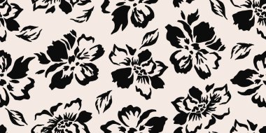 Minimalist soyut çiçek deseni. Çiçeksiz arka plan şekilleri. Siyah ve beyaz renkli modern baskı. Tekstil tasarımı, duvar kağıdı, kapaklar, poster, ambalaj, kartlar, afişler, arka plan, davetiyeler ve posterler için idealdir. Vektör illüstrasyonları.