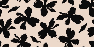 Minimalist soyut çiçek deseni. Çiçeksiz arka plan şekilleri. Siyah ve beyaz renkli modern baskı. Tekstil tasarımı, duvar kağıdı, kapaklar, poster, ambalaj, kartlar, afişler, arka plan, davetiyeler ve posterler için idealdir. Vektör illüstrasyonları.