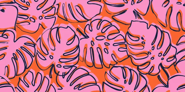 Canavar yaprakları pürüzsüz desen, el çizimi tropikal zemin, yaz hawai tropik tarzı, tekstil, kumaş, duvar kağıdı, duvar sanatı, ambalaj, poster, kapak, afiş, kart, fon ve ev dekoru için doğal süsler. Vektör illüstrasyonları. 