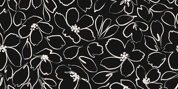 Soyut el çizimleri çiçek desenleri. Çiçeksiz arka plan. Siyah beyaz modern baskı. Eskiz tarzında fırça hattı. Grunge dokusu. Tekstil, kumaş baskı, duvar kağıdı, dekorasyon, kartlar ve posterler için ideal. vektör çizimleri.