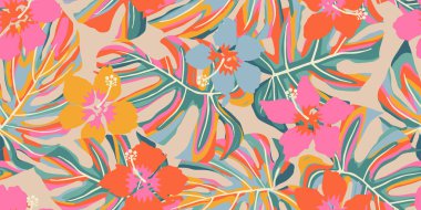 El çizimi tropik çiçek desenleri pürüzsüz, çiçek desenleri ve canavar yaprağı şekilleri, bahar ve yaz dönemi için Hawaii tarzı ideal, tekstil, kumaş, ambalaj, duvar kağıdı, duvar sanatı, arka plan için doğal süsler. Vektör illüstrasyonları.