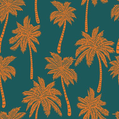 Elle çizilmiş palmiye ağaçlarıyla tropikal desen. Hindistan cevizi ağacı izi. Kumaş, tekstil, giysi, ambalaj, poster, kapak, dekorasyon, pankart, duvar kağıdı, iç dekorasyon için Hawaii tarzı arka plan. Vektör illüstrasyonu.