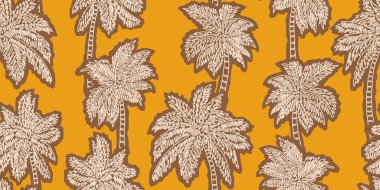 Elle çizilmiş palmiye ağaçlarıyla tropikal desen. Hindistan cevizi ağacı izi. Kumaş, tekstil, giysi, ambalaj, poster, kapak, dekorasyon, pankart, duvar kağıdı, iç dekorasyon için Hawaii tarzı arka plan. Vektör illüstrasyonu.