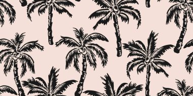 El yazısıyla çizilmiş palmiye ağaçlarıyla tropikal desen. Hindistan cevizi ağacı desenli. Hawaii tarzı yaz geçmişi. Kumaş, tekstil, giysi, poster, kapak, dekor, pankart, ambalaj, duvar kağıdı için siyah beyaz organik şekiller. Vektör illüstrasyonu.