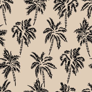 El yazısıyla çizilmiş palmiye ağaçlarıyla tropikal desen. Hindistan cevizi ağacı desenli. Hawaii tarzı yaz geçmişi. Kumaş, tekstil, giysi, poster, kapak, dekor, pankart, ambalaj, duvar kağıdı için siyah beyaz organik şekiller. Vektör illüstrasyonu.