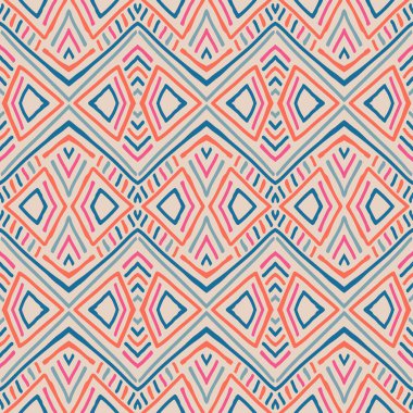 Hand drawn abstract ethnic seamless pattern. Geometric doodle line art background. Tribal native wallpaper. Aztec style. Folk embroidery. Indian print, Scandinavian, African rug, tile. Vector illustrations. clipart