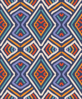 El çizimi soyut, etnik, kusursuz bir model. Geometrik karalama çizgisi sanat arka planı. Kabileye özgü duvar kağıdı. Aztek tarzı. Halka açık nakış. Hint baskısı, İskandinav halısı, Afrika halısı, fayans. Vektör illüstrasyonları.