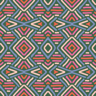 El çizimi soyut, etnik, kusursuz bir model. Geometrik karalama çizgisi sanat arka planı. Kabileye özgü duvar kağıdı. Aztek tarzı. Halka açık nakış. Hint baskısı, İskandinav halısı, Afrika halısı, fayans. Vektör illüstrasyonları.