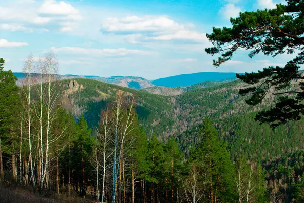 Paesaggio Con Vista Sulla Foresta Verde Montagne Rocciose Cielo Blu — Foto Stock