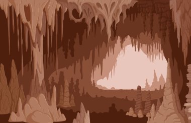 Çizgi film mağarası, doğa, kireçtaşı sarkıtları ve dikitler. Jeoloji mineral oluşumları, büyüme doğal kayalar düz vektör çizimi. Mağara kireç taşı oluşumları görünümü