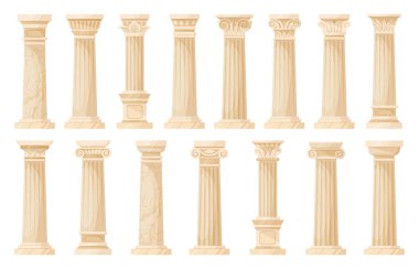 Karikatür tapınağı eski sütunlar, Yunan çizgi film sütunları. Korint, iyonik ve dorik süsler, antika sütun dekorasyonu düz vektör illüstrasyon koleksiyonu. Antik Yunan sütunları