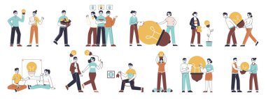 Harika fikirleri olan insanlar, fikir arayan iş adamları. Düz yaratıcı parlak fikirler ampul metaforu, semboller oluşturma fikri. İş çözümleri sahne koleksiyonu