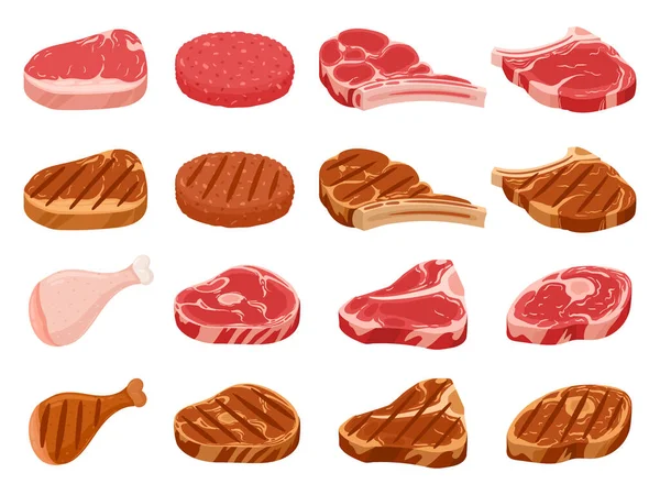 漫画生肉ステーキ 焼きたてのバーガーパティ ロースト グリルポークとビーフステーキ 生肉半製品フラットベクトルイラストセット 肉屋の食べ物 — ストックベクタ