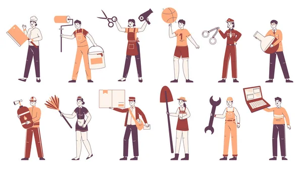 People occupations, IT, medical, construction and sport professions. Various workers, chef, policeman, fireman and IT engineer flat vector illustration set. Employees wearing professional uniform