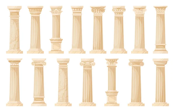 stock vector Cartoon temple ancient columns, greek cartoon pillars. Corinthian, ionic and doric ornaments, antique colonnade decoration flat vector illustration collection. Ancient greek columns set