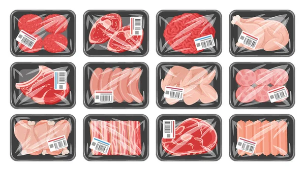 卡通冷冻肉制品在真空塑料包装中 生牛肉牛排 鸡胸肉和腊肠 配有聚乙烯平面矢量图片集 塑料托盘上的肉食 — 图库矢量图片