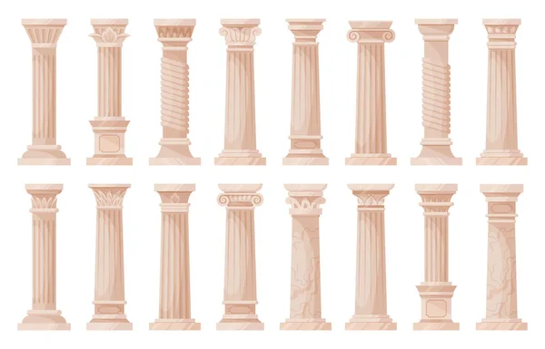 stock vector Roman pillars, cartoon antique architecture columns. Ancient greek ionic and doric ornamented pillars flat vector illustration collection. Greek classic column set