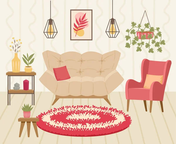 Cartoon Wohnzimmer Gemütliches Modernes Interieur Hausmöbel Sofa Sessel Und Teppich — Stockvektor
