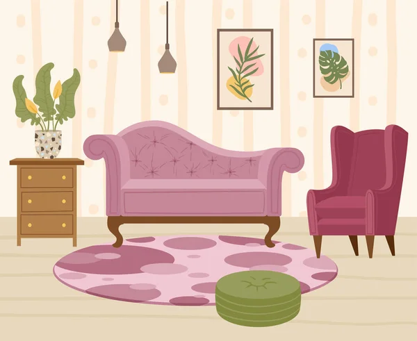 Flache Moderne Wohnzimmereinrichtung Gemütliche Wohnungsmöbel Cartoon Trendige Wohnmöbel Bequemes Sofa — Stockvektor