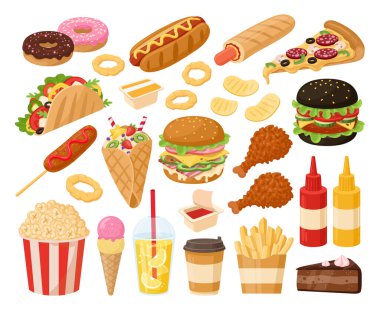 Çizgi film fast food, burger, pizza, sosisli ve limonata. Abur cubur, çikolatalı milkshake, tatlılar ve gazoz düz vektör çizim seti. Hızlı atıştırmalıklar ve içecekler.